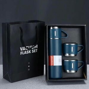 Stainless Steel Vacuum Insulated Bottle Water Flask Gift Set with Two Cups Hot & Cold | Diwali Gifts for Employees | Corporate Gift Items | Vacuum Flast Set with 2 Mugs (Dark Blue)